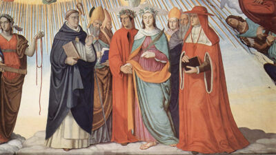 Philipp Veit: Dante en Beatrice bij de wijsgeren (links staat Thomas van Aquino, Siger van Brabant staat rechts)