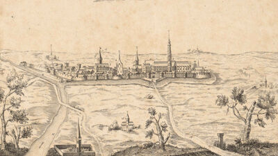 Oude prent met zicht op de stad Thérouanne