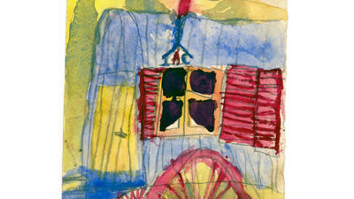 Woonwagen van zigeuners. Kindertekening van Jan Yoors.