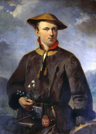 Linneaus in traditionele Sami-kleding, met het linnaeusklokje in de hand