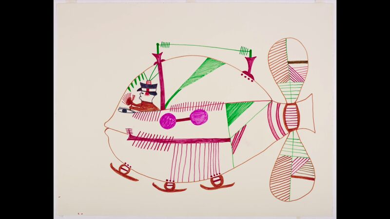 Film-still from Fish Plane, Heart Clock (2014) showing a drawing by Pudlo Pudlat. Courtesy of McMichael Canadian Art Collection,Dorset Fine Arts, Arvo Leo