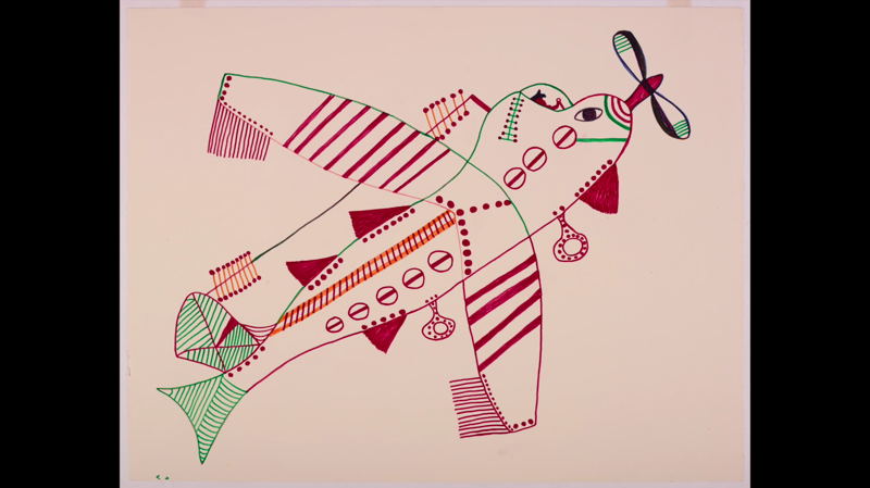 Film-still from Fish Plane, Heart Clock (2014) showing a drawing by Pudlo Pudlat. Courtesy of McMichael Canadian Art Collection,Dorset Fine Arts, Arvo Leo