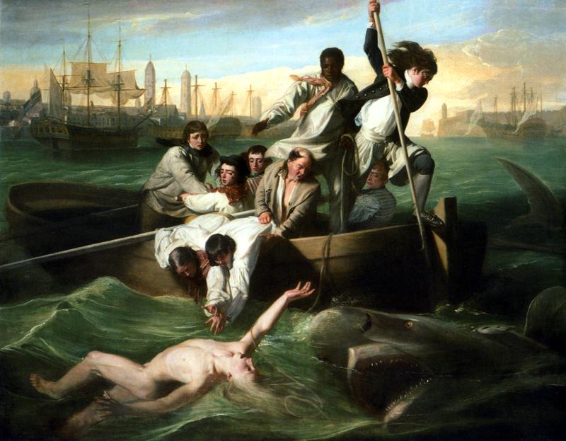 Een levendige voorstelling van het droeve lot van de veertienjarige Brook Watson, die nietsvermoedend van de steven van zijn schip dook in Havana Harbor.
