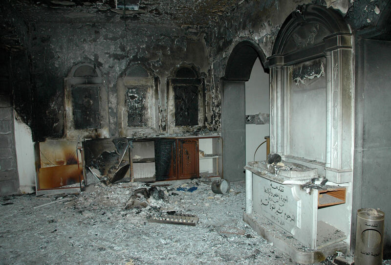 De vernielde Um al-Zinar kerk in Homs.