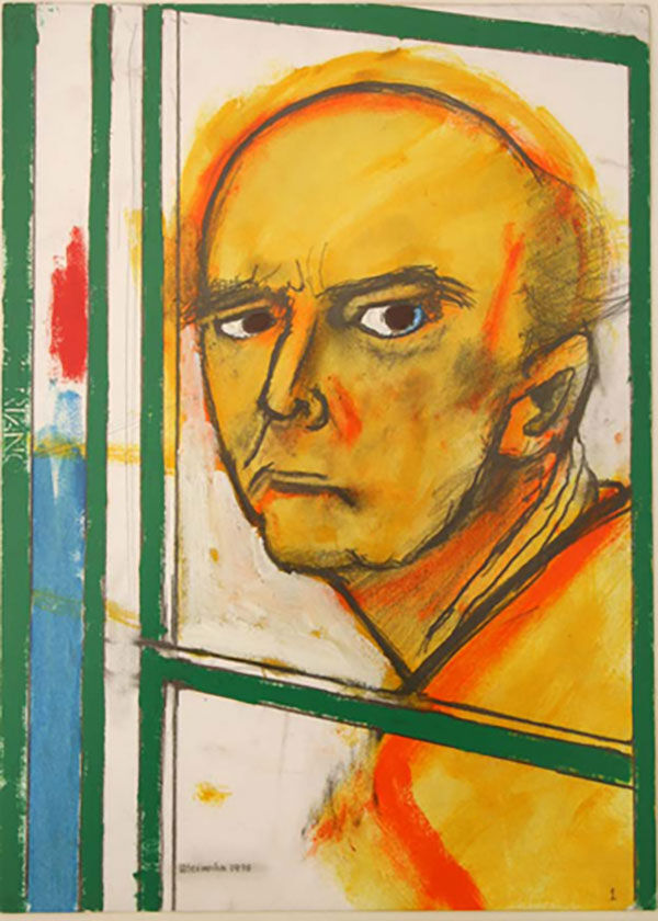 1996 self portrait with easel yellow & green 46x35cm, 1 jaar na de diagnose van Alzheimer