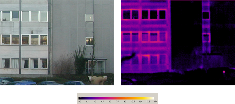 Het verschil tussen goede isolatie (volle muur: zwart) en slechte isolatie (stuk met vensters: paars, roze en meer)