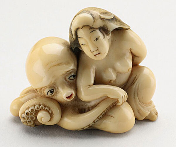 "Duikster en octopus" (midden 19 E). Kikugawa. Let op de vermoeide blik van de octopus.