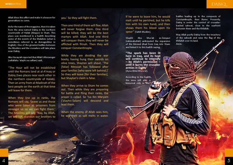 Een pagina uit het propagandamagazine DABIQ. Het wordt vertaald in vijf talen. Op deze pagina meer info over de nakende Apocalyps.