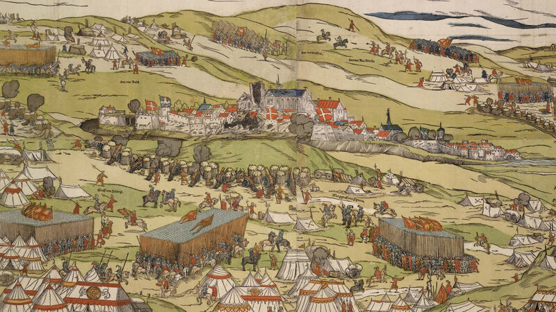 Terwaan tijdens de beschietingen, 1553. De kathedraal is al deels vernield