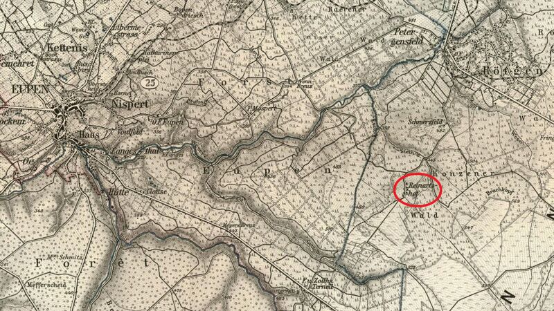 Duitse kaart van 1893: de afstand Eupen-Reinartzhof bedraagt in vogelvlucht ca. 10 kilometer