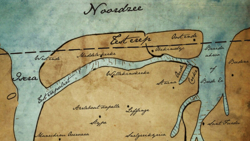 Oude cartografische schets van Testerep (de zwarte stippellijn geeft min of meer de huidige kustlijn aan)