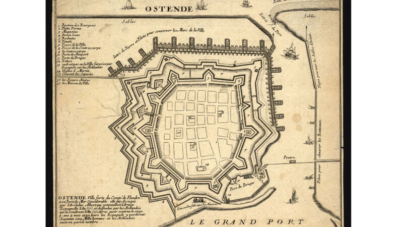 Oostende ca. 1700. De strook met het oude stadsdeel is verdwenen onder de vestingwerken