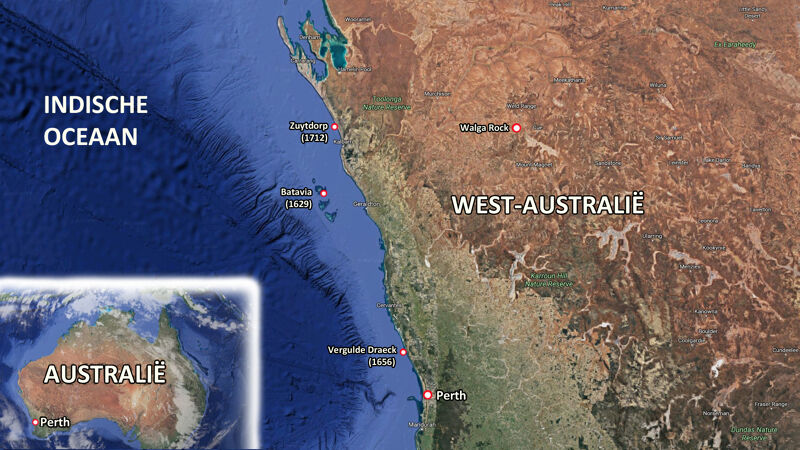Kaart van West-Australië met aanduiding van plaatsen waar Hollandse schepen schipbreuk leden