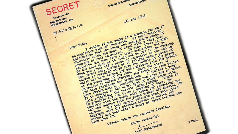Brief van MI5-baas Rothschild aan tekenaar Fish over de chocolade-bom