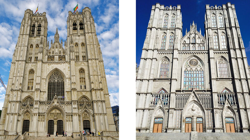 Zoek de verschillen tussen de kathedraal van Brussel (links) en de Kyung Hee University in Seoel (rechts)
