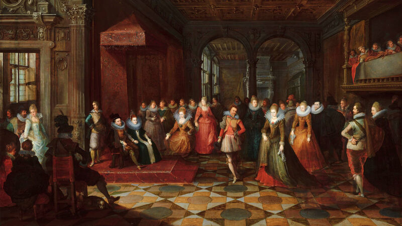 Bal aan het hof te Brussel: het dansende paar zou Filips Willem en zijn echtgenote Eleonora voorstellen