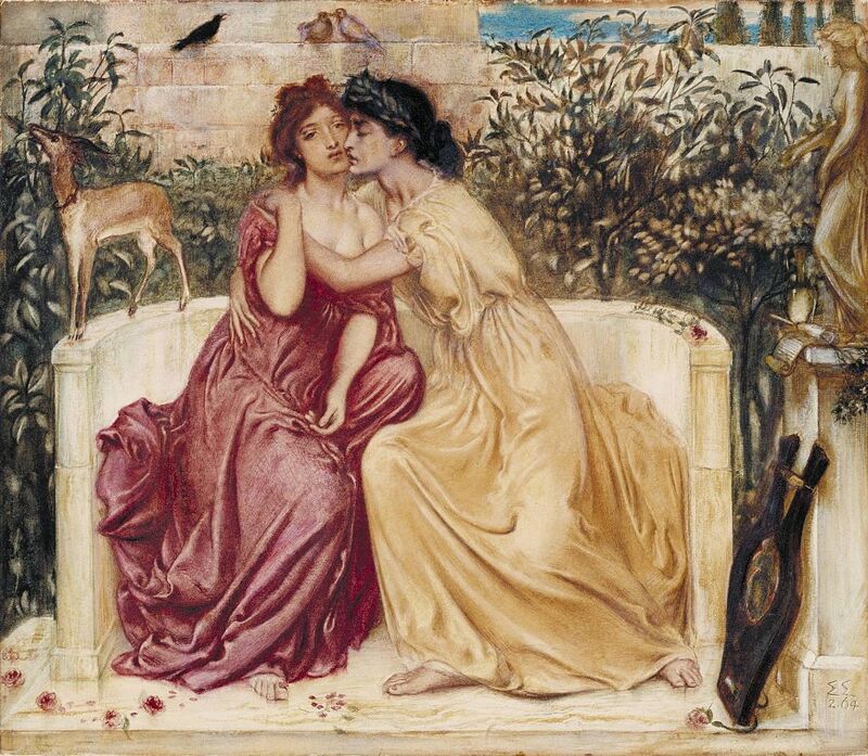 Sappho en Erinna in een tuin in Mytilene op Lesbos door Simeon Solomon (1864)