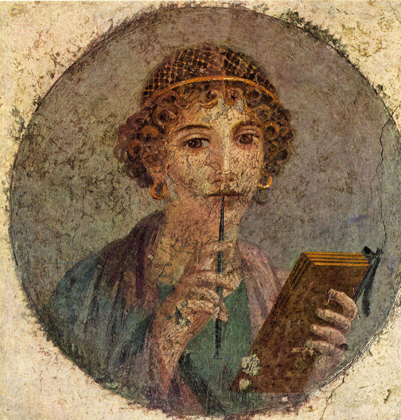 Fresco van een vrouw uit de hogere klasse in Pompeï'. Het fresco werd gevonden in 1760 en kreeg de naam 'Sappho'