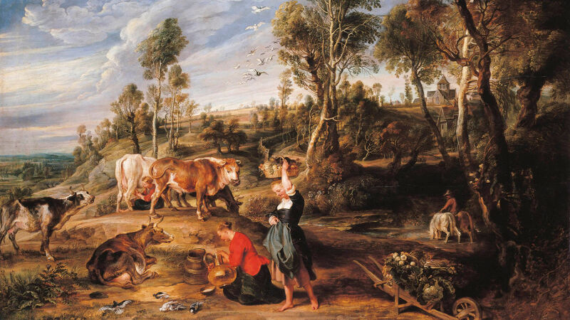 Pieter Paul Rubens: Landschap te Laken (ca. 1617). Wat opvalt is het landelijk karakter. Achteraan rechts ligt de O.-L.-Vrouwekerk van Laken