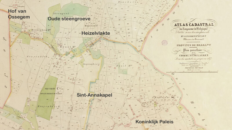 Oude kadasterkaart van Laken (1837). De Heizelvlakte is nog grotendeels onbebouwd