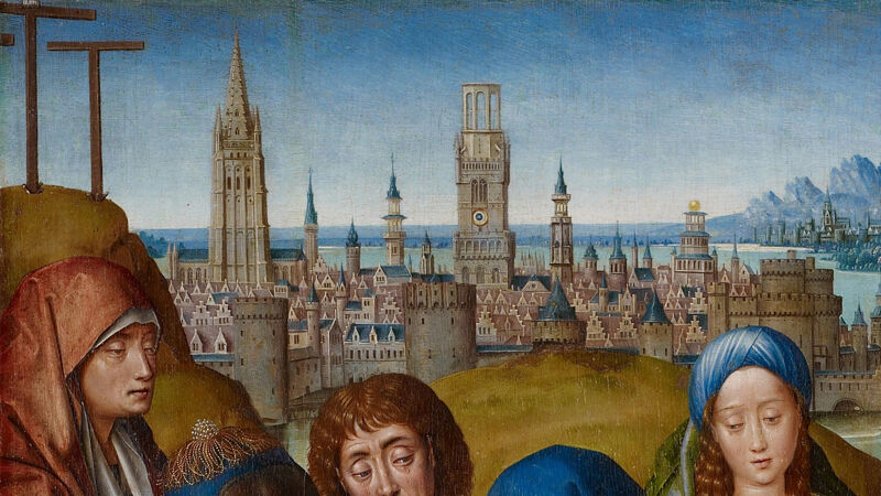 Meester van Lucialegende: detail uit Bewening van Christus. De kerktoren (L) heeft nog geen zandstenen kroon rond de spits. Ook het belfort (R) is nog niet af.