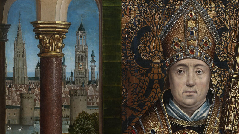 Meester van Lucialegende: detail uit Retabel van Sint-Nicolaas. De belforttoren (R) is intussen afgewerkt.