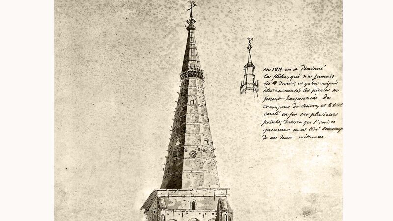 Oude prent van de toren ca. 1819, zonder hoektorentjes en balustrade