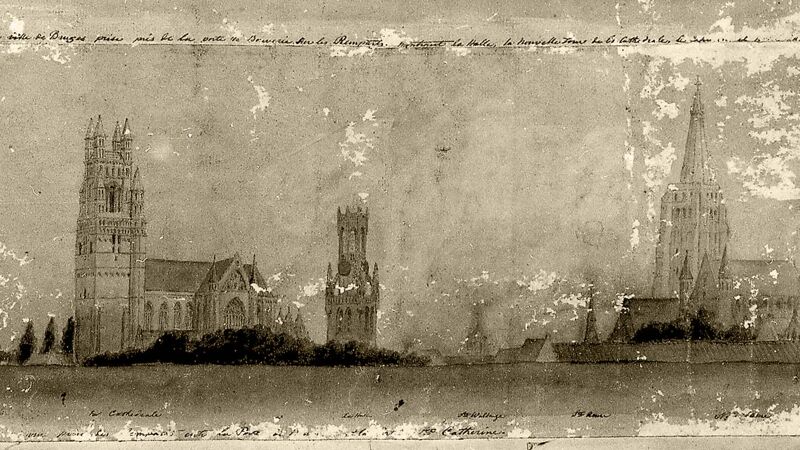 Oude tekening van de Brugse skyline, ca. 1847. Sint-Salvator (L), het belfort en de Onze-Lieve-Vrouwetoren (R) zonder hoekpinakels.