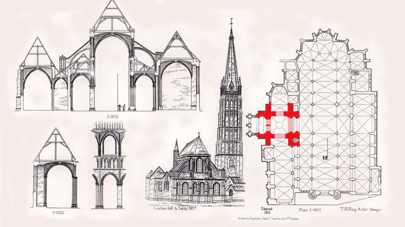 Architectuurprent uit 1857 met plattegrond en doorsnedes van de kerk. De toren is in 't rood aangeduid.