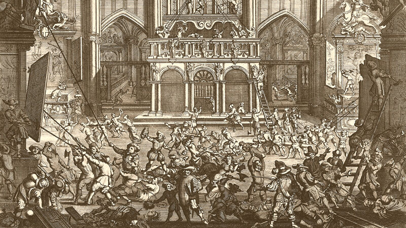 De beeldenstorm van 1566 in de kathedraal van Antwerpen. Bij deze gelegenheid verdween de relikwie van de Heilige Voorhuid