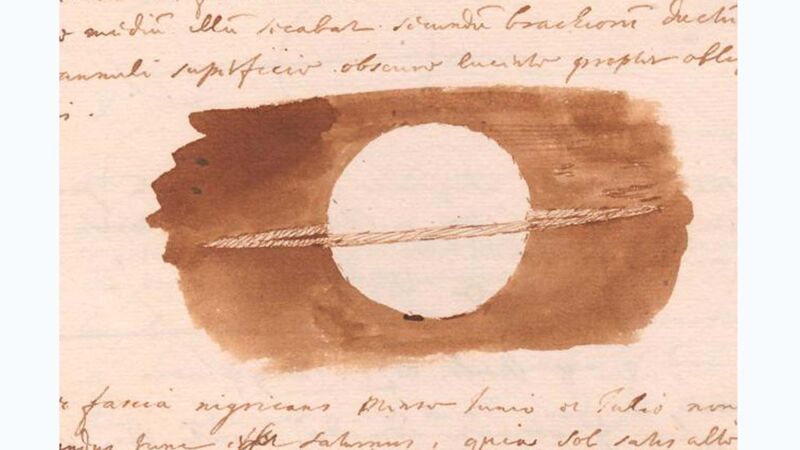 Schets van Christiaan Huygens, de ontdekker van de ring rond Saturnus, volgens Allatius de ten hemel opgestegen voorhuid van Christus