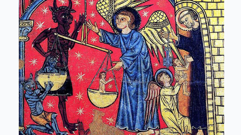 Voorstelling van het dualisme van goed en kwaad, het goddelijke versus de duivel
