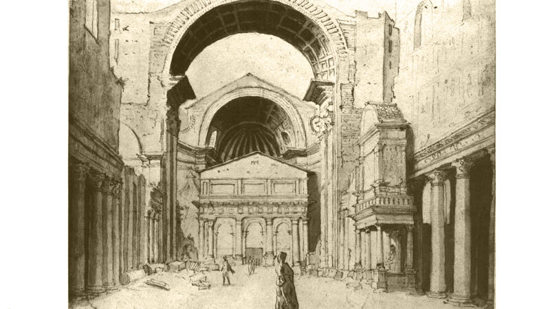 Maarten van Heemskerck: zicht op de bouwwerf van de Sint-Pietersbasiliek, ca. 1530