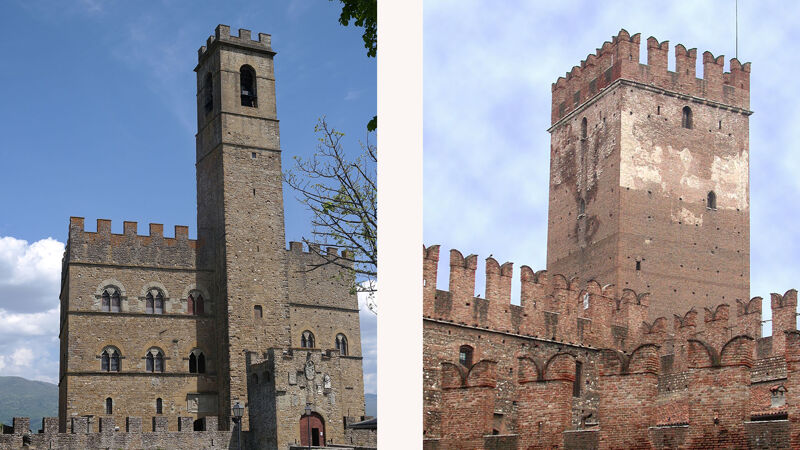 Castello van Poppi met Welfen-kantelen (L) en Castelvecchio van Verona met Ghibellijnse kantelen (R)
