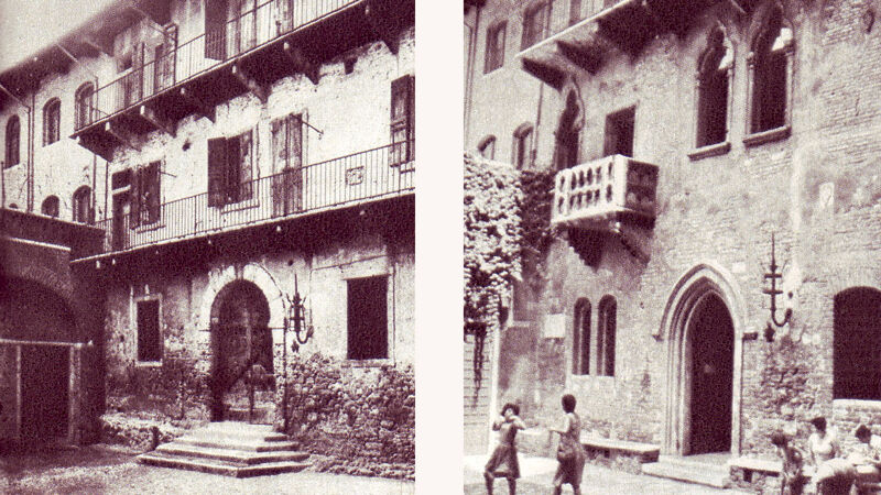 Het huis van Julia zonder balkon, eind 19de eeuw (L) en mét balkon na de verbouwingen van 1936 (R)