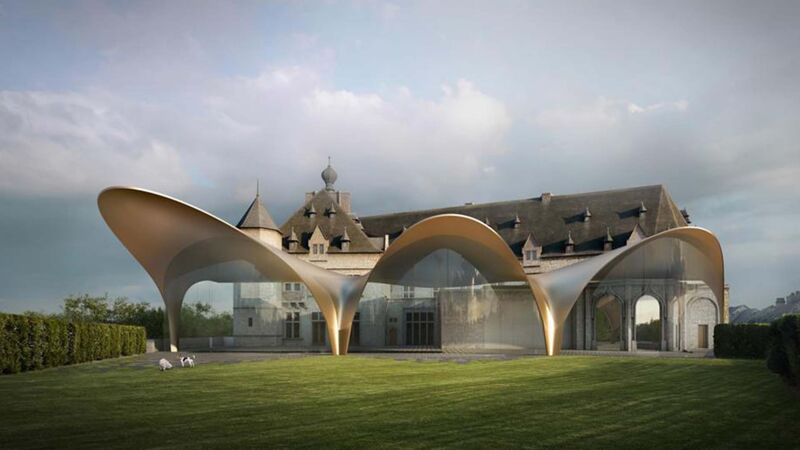 Ontwerp van Zaha Hadid voor een luifel aan de achterzijde van het kasteel van Chimay (2015, nooit uitgevoerd)
