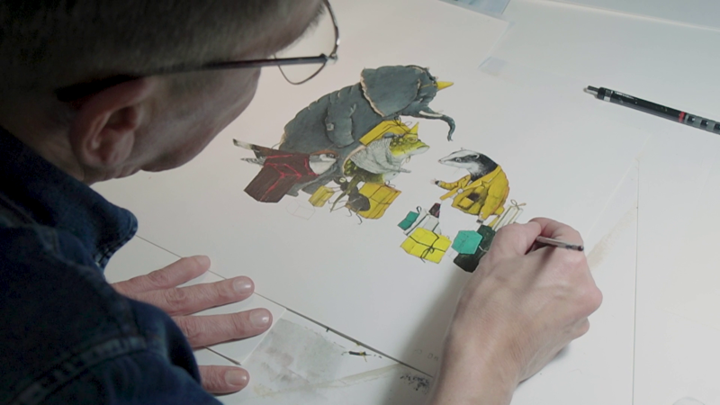 Carll Cneut werkt aan een illustratie voor zijn boek met Toon Tellegen.