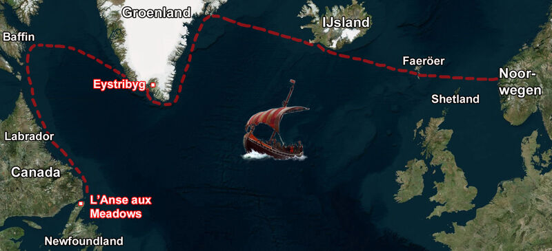Traject van de Vikingschepen vanuit Noorwegen via de Shetlands en de Faeröer naar IJsland en Groenland tot in Amerika
