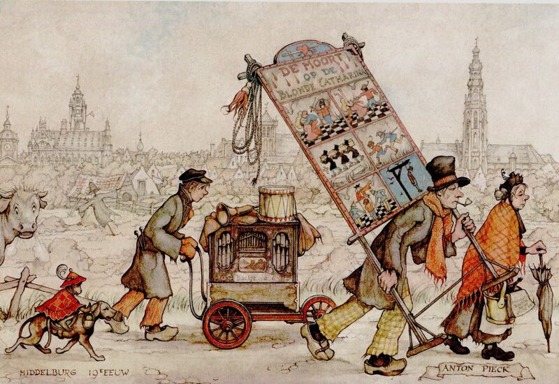 Groep straatzangers in Middelburg (Anton Pieck)