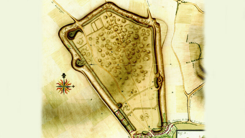 Plan van Thérouanne, 1730. Van de stad resten alleen de omtrekken van de omwalling en wat vage ruïneheuvels