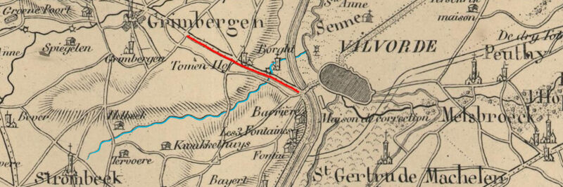Kaart uit 1831. De Tangebeek (blauw) loopt onder de verhoogde berm van de steenweg Grimbergen-Vilvoorde (rood) via Borgt naar de Zenne