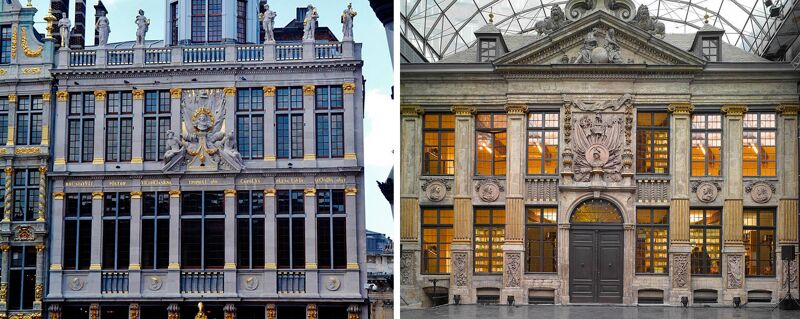 Vergelijk de gevels: Den Coninck van Spaignien (L) en het Bellonahuis (R)