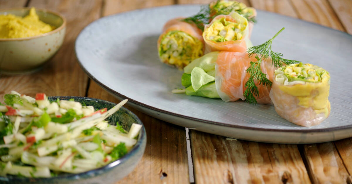 Rijstpapier rol (spring roll) met zalm en seldersalade recept Jeroen Meus