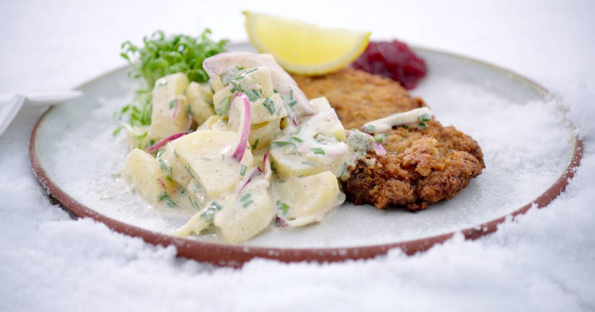 Wiener schnitzel met koude aardappelsalade en veenbessen recept Jeroen Meus