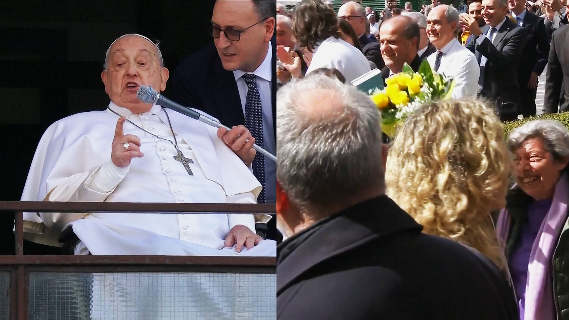 Ik zie de vrouw met de gele bloemen, dat is goed" Paus Franciscus groet gelovigen na 5 weken ziekte | VRT NWS: nieuws
