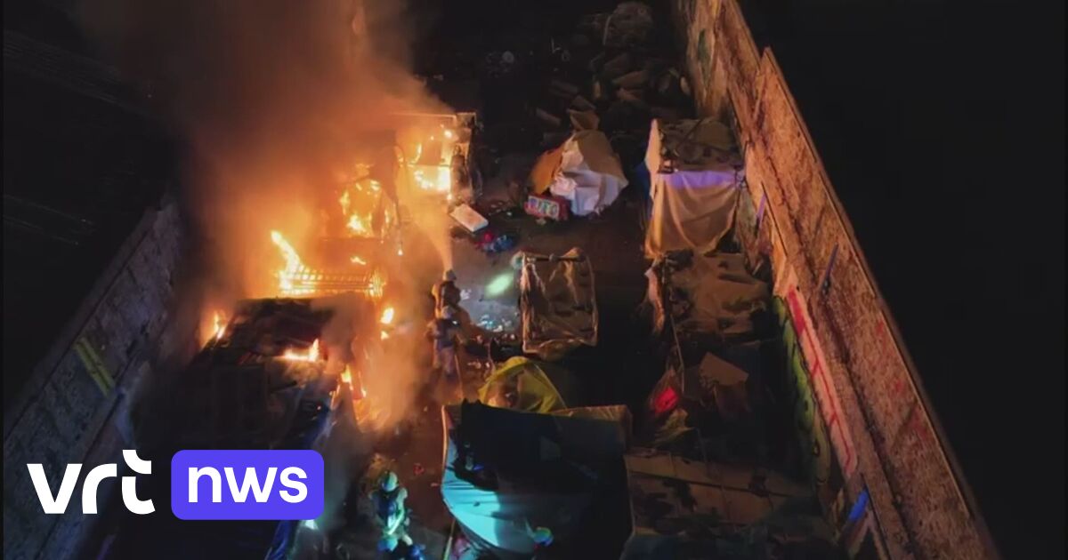 Fire in improvised camp of homeless, refugees and migrants in Brussels