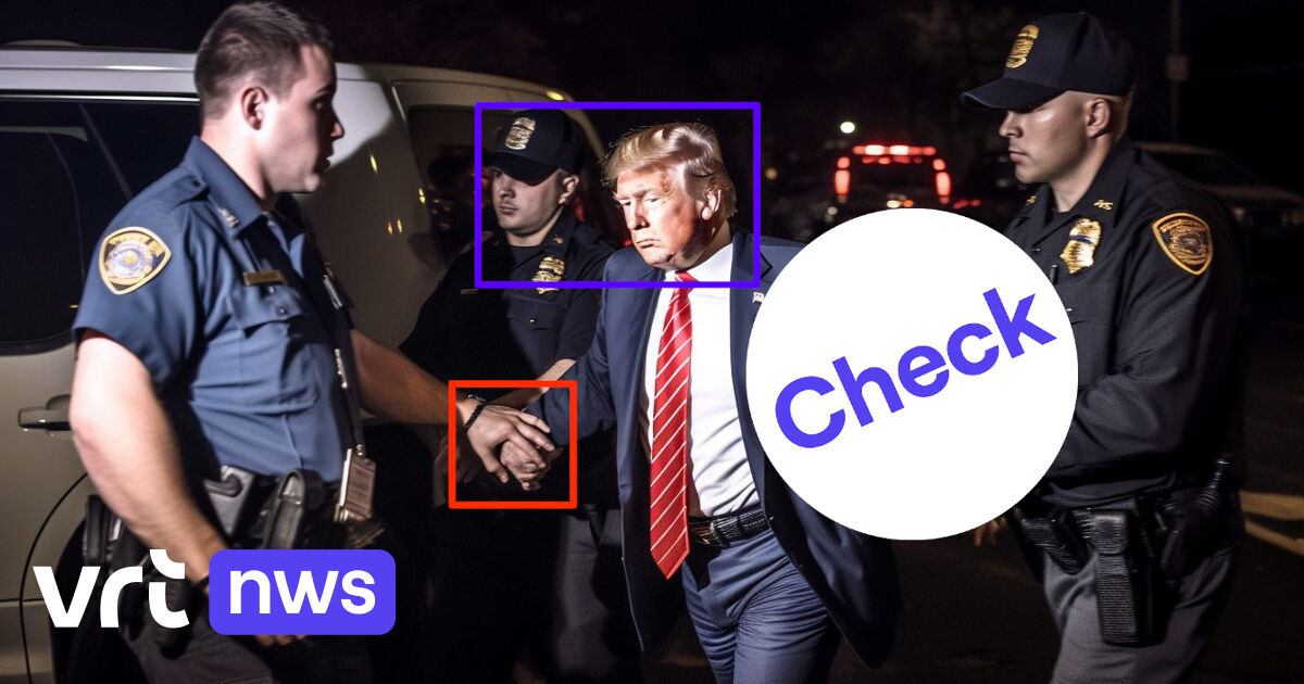 Image accompanying Dit is een foto van de arrestatie van oud-president Donald Trump.