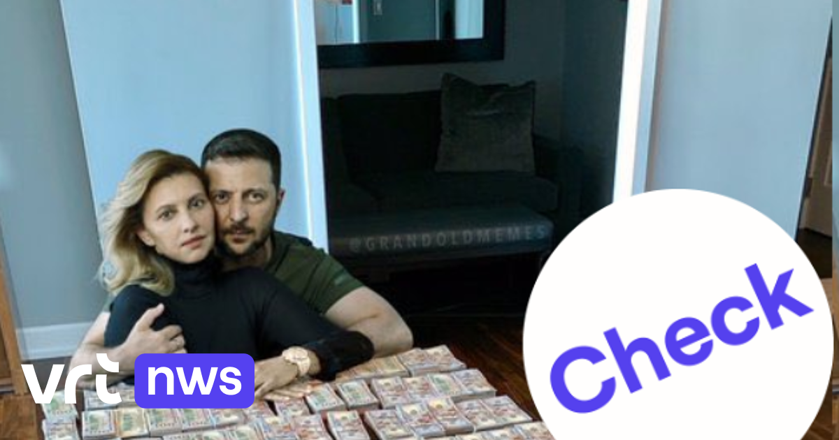 Image accompanying Dit is een echte foto van de Zelenski's die poseren voor een tafel vol bankbiljetten.