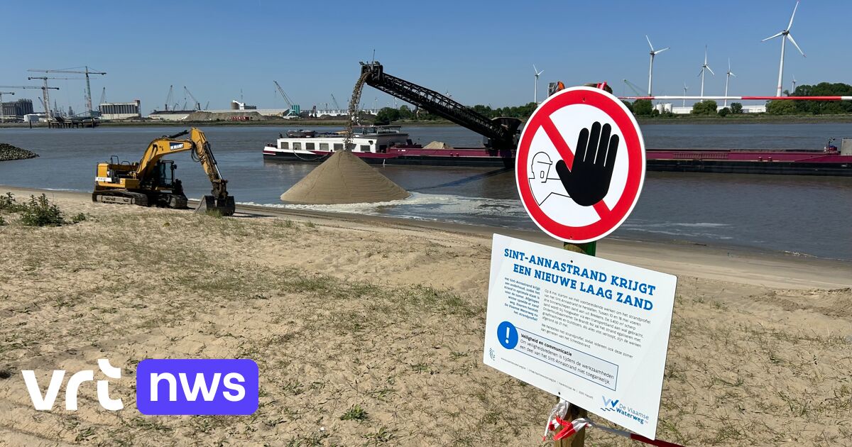 Eerste lading nieuw zand uit Nederlandse Breskens aangekomen op Sint-Annastrand in Antwerpen