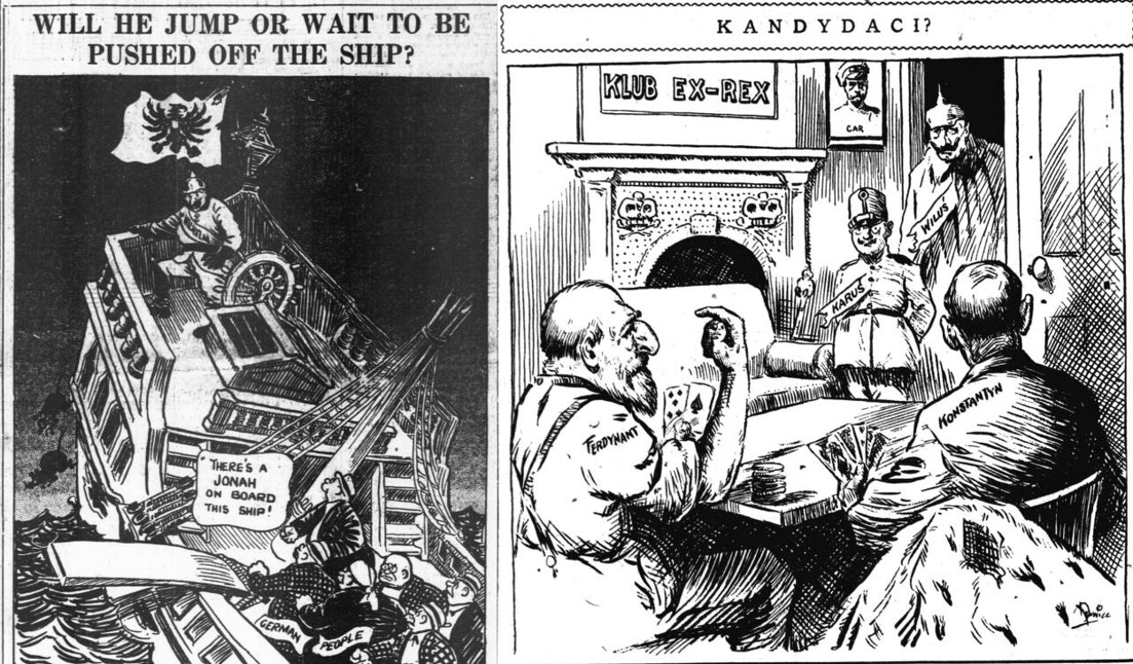 LINKS, "Wird das deutsche Volk den Kaiser ins Wasser werfen oder wird er selbst hineinspringen?" (Washington Times, 20.10.1918). RECHTS, "Werden die Kaiser Wilhelm von Deutschland und Karl von Österreich dem Club der Ex-Monarchen beitreten? Dort sitzen alle abgedankten bulgarischen und griechischen Könige und an der Wand hängt das Porträt des ermordeten russischen Zaren." (Auszug aus der in Chicago erschienenen polnischen Zeitung Dziennik Chicagogski, 21. Oktober 1918). LINKS, "Wird das deutsche Volk den Kaiser ins Wasser werfen oder wird er selbst hineinspringen?" (Washington Times, 20.10.1918). RECHTS, "Werden die Kaiser Wilhelm von Deutschland und Karl von Österreich dem Club der Ex-Monarchen beitreten? Dort sitzen alle abgedankten bulgarischen und griechischen Könige und an der Wand hängt das Porträt des ermordeten russischen Zaren." (Auszug aus der in Chicago erschienenen polnischen Zeitung Dziennik Chicagogski, 21. Oktober 1918).